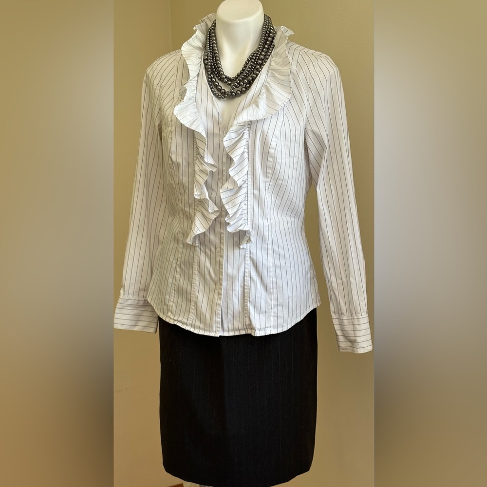 Loft Ann Taylor White With White & Black Stripes Button Down ruffle Blou…